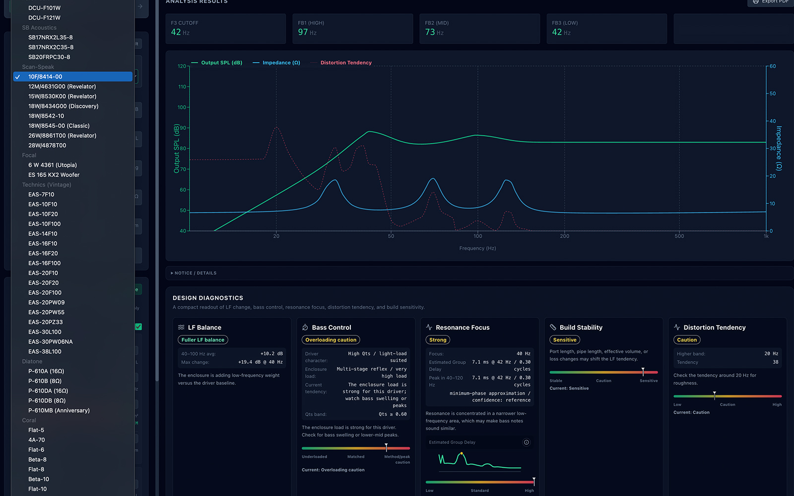 Speaker Designer driver preset selection interface